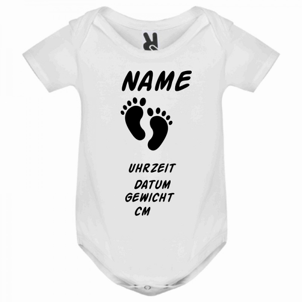 Babystrampler weiß-schwarz Name, Gewicht, Größe, günstig kaufen